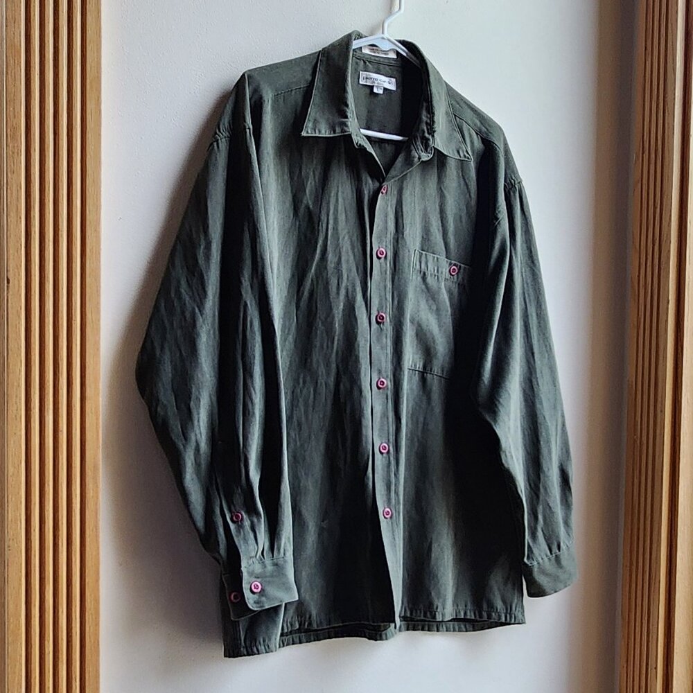Pierre Cardin Green Faux Suede Button Down Shirt Size Large - Picture 4 of 13